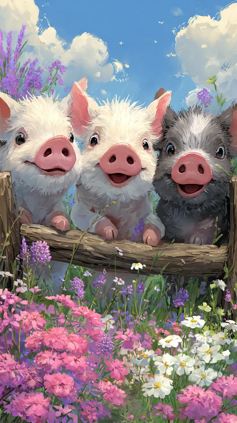 Cute piglets playing behind a fence in flower meadow