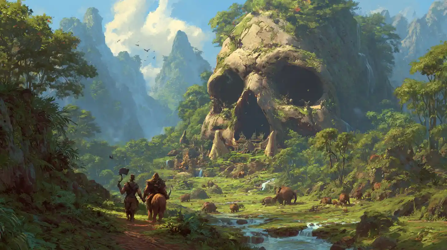 Barbarian and lion companion entering a lush jungle valley