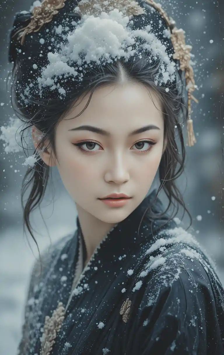 Edo era woman in snow filled close up oil portrait