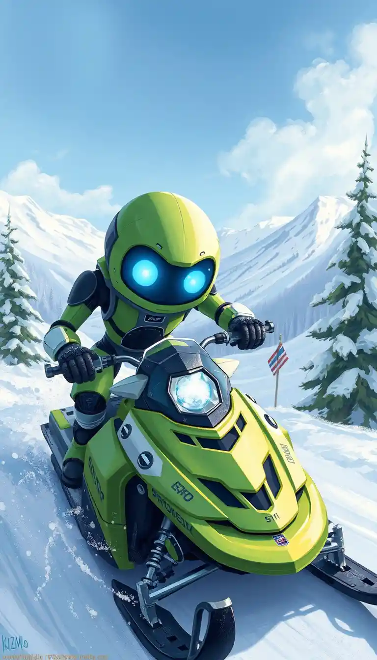 Rana robot verde con occhi azzurri su una montagna innevata