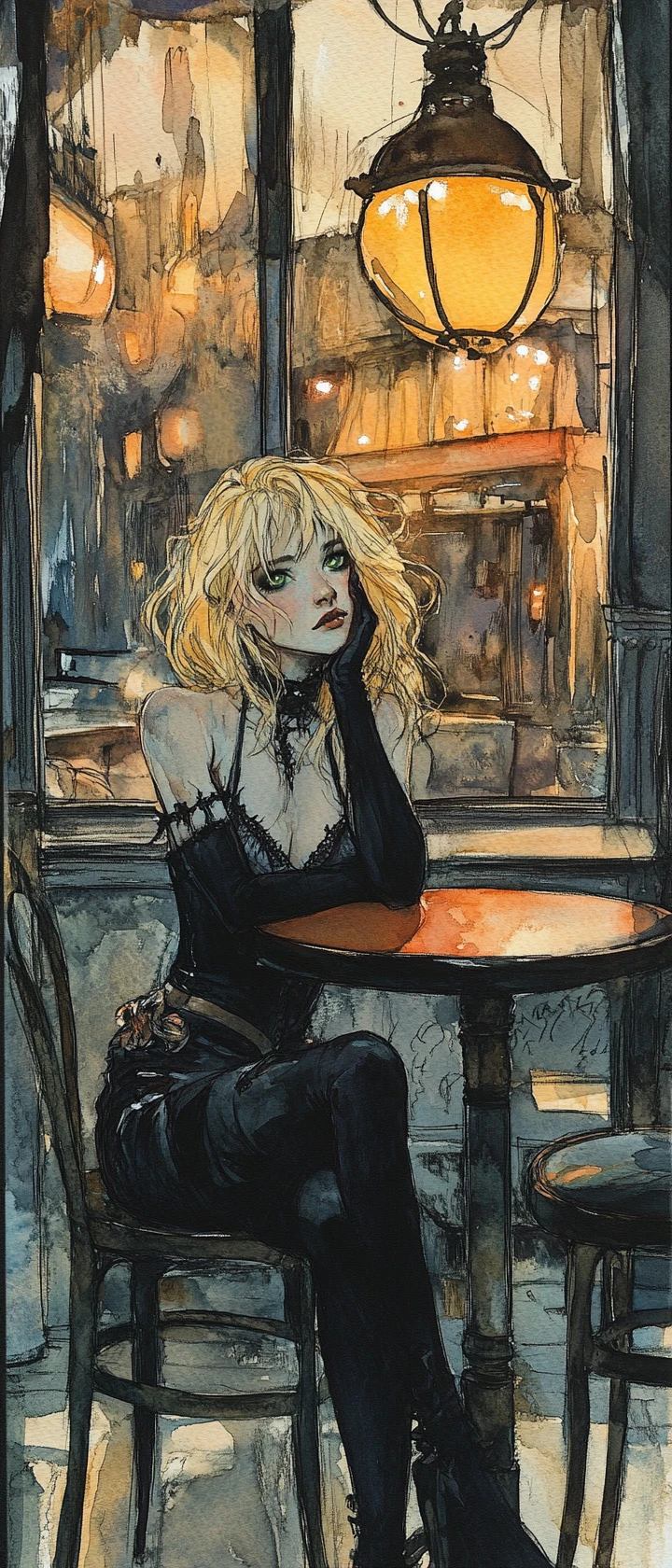 Träumerisches Gothic-Mädchen in einem gemütlichen Pariser Café – Illustration