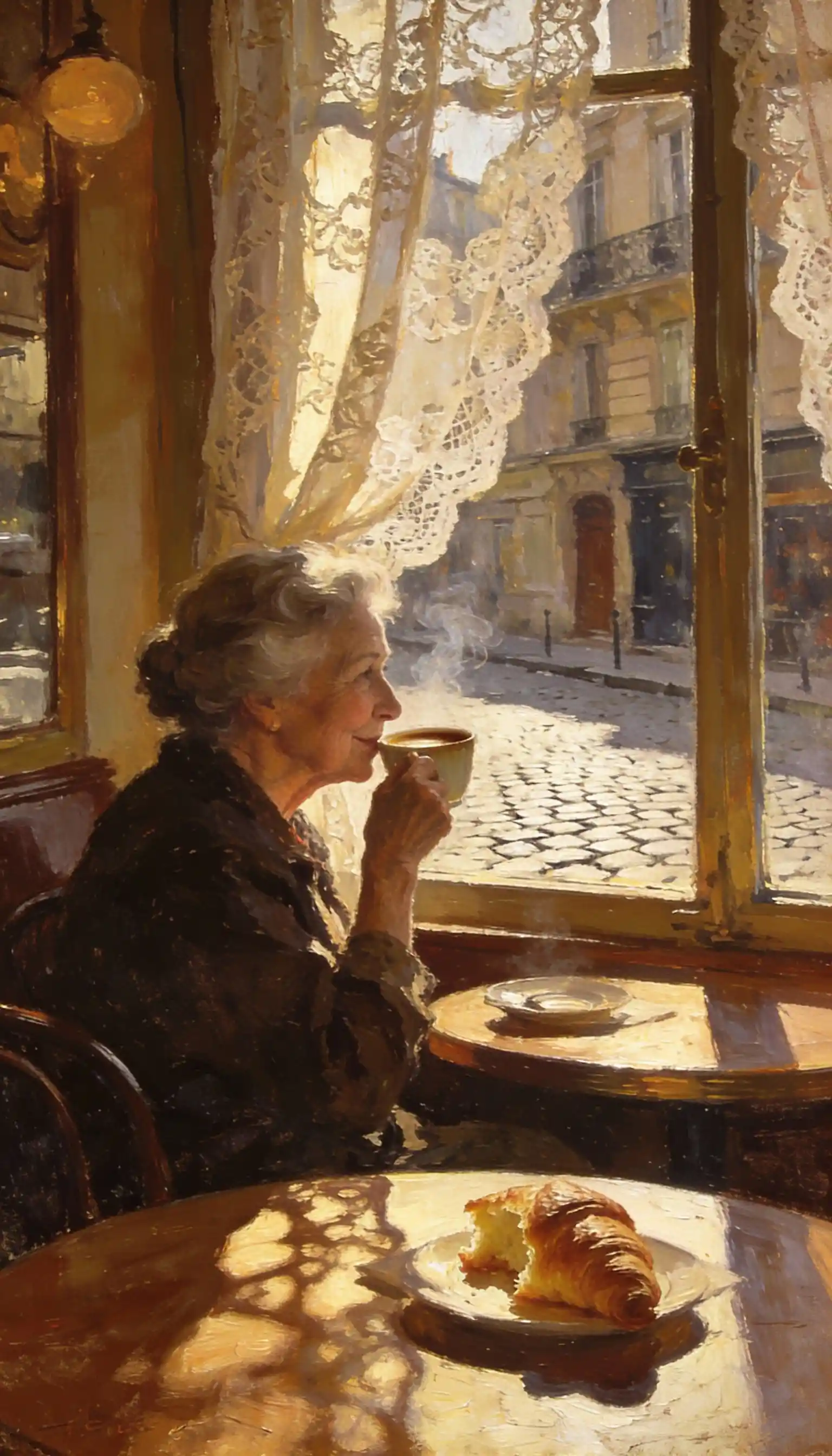 Elderly woman enjoying coffee in a quiet parisian cafe
