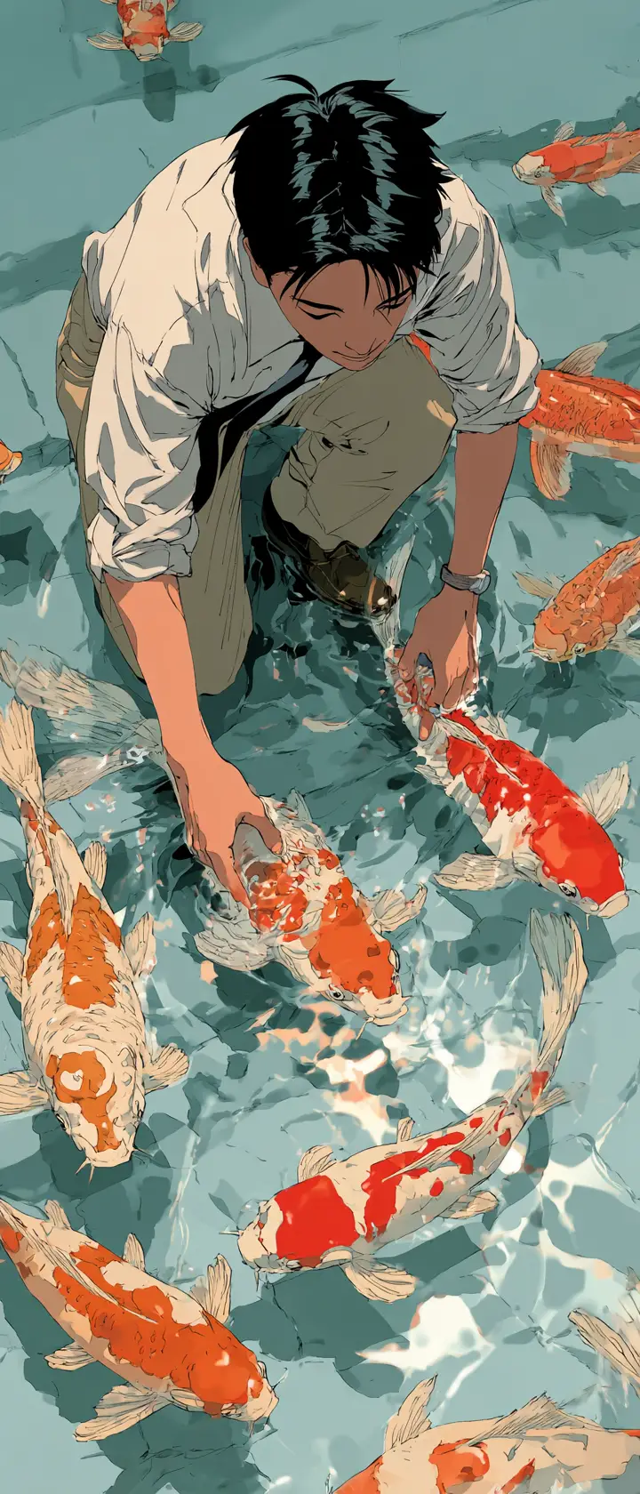 Man reaching toward fish in a clear water pool
