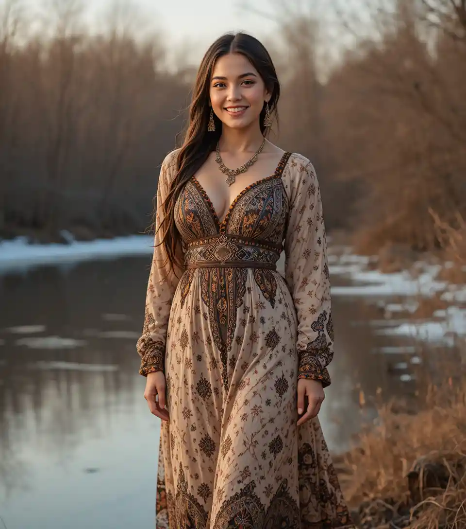 Donna bohemien sorridente in abito lungo maxi sulla riva di un fiume gelato