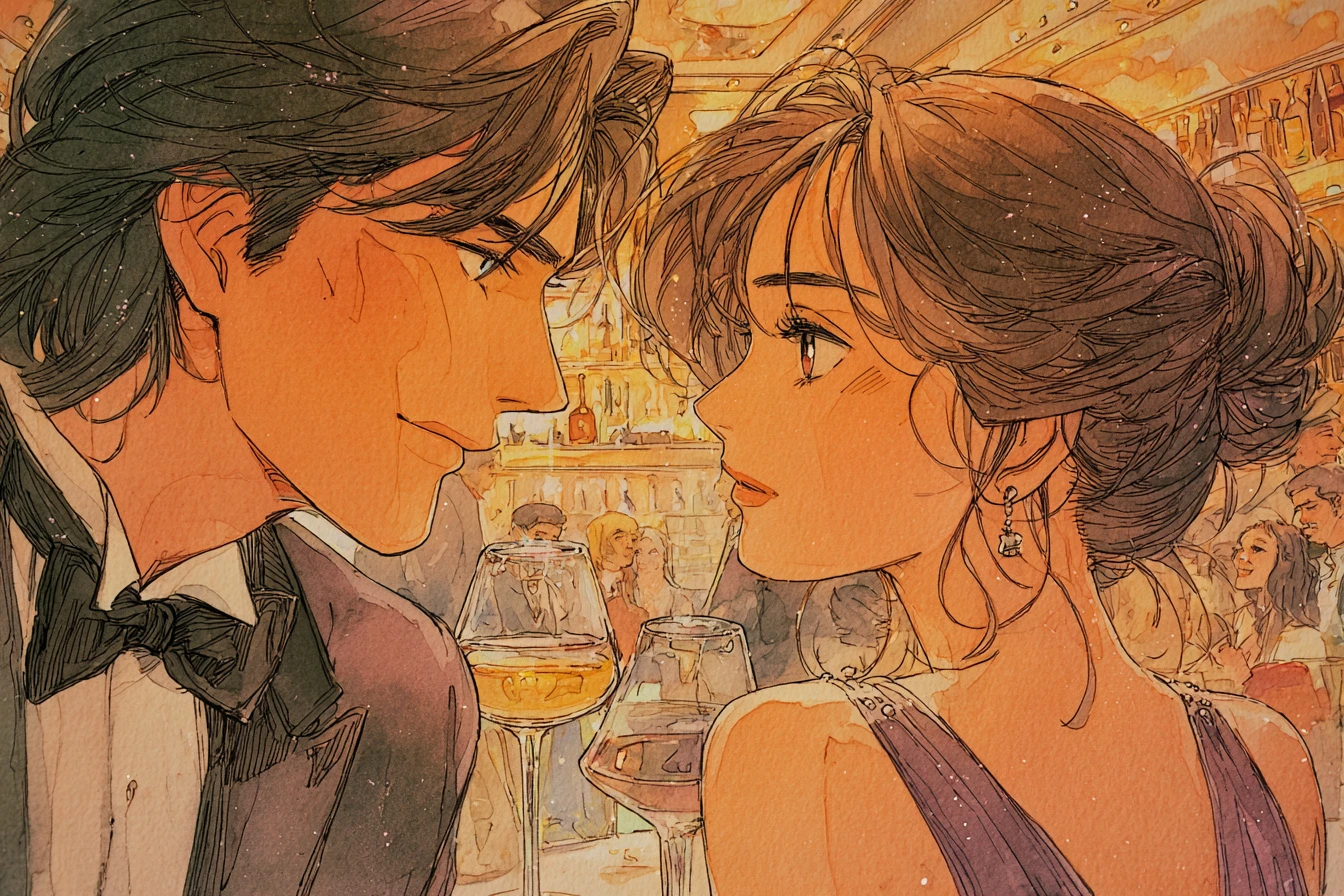 Coppia anime romantica che si scambia il primo sguardo in un bar