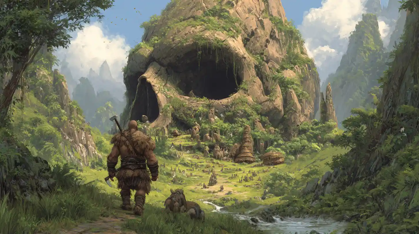 Bárbaro e leão entrando em um misterioso vale na selva