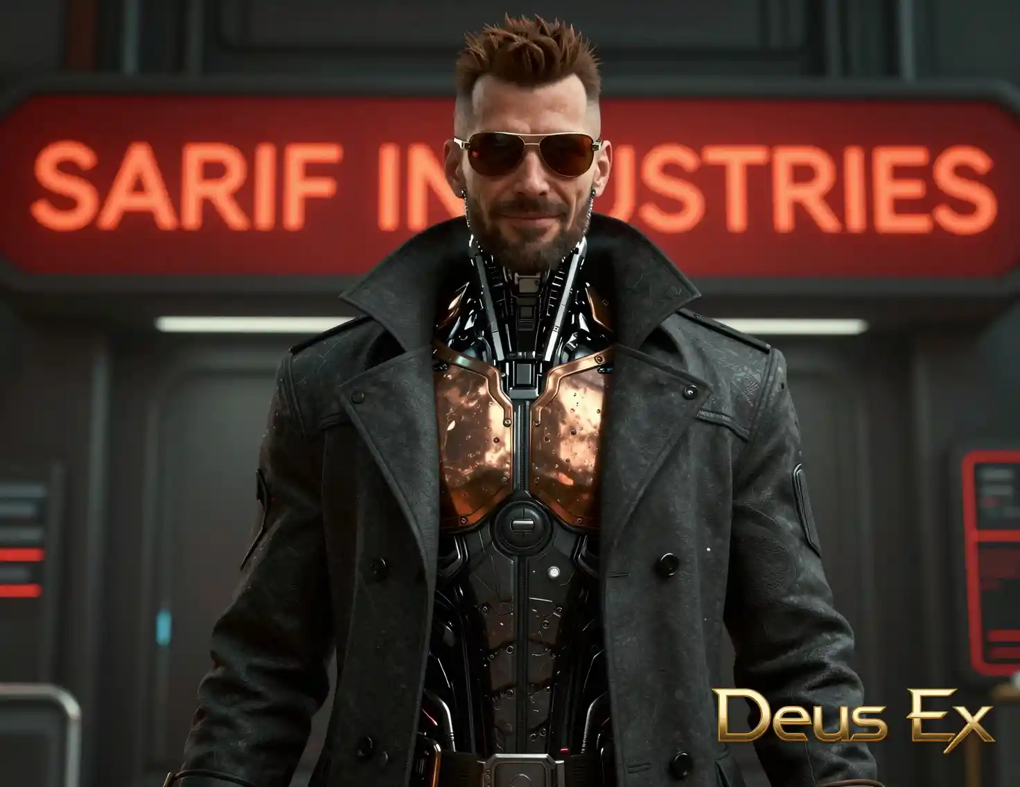 Augmented cyberpunk detective in futuristic office portrait