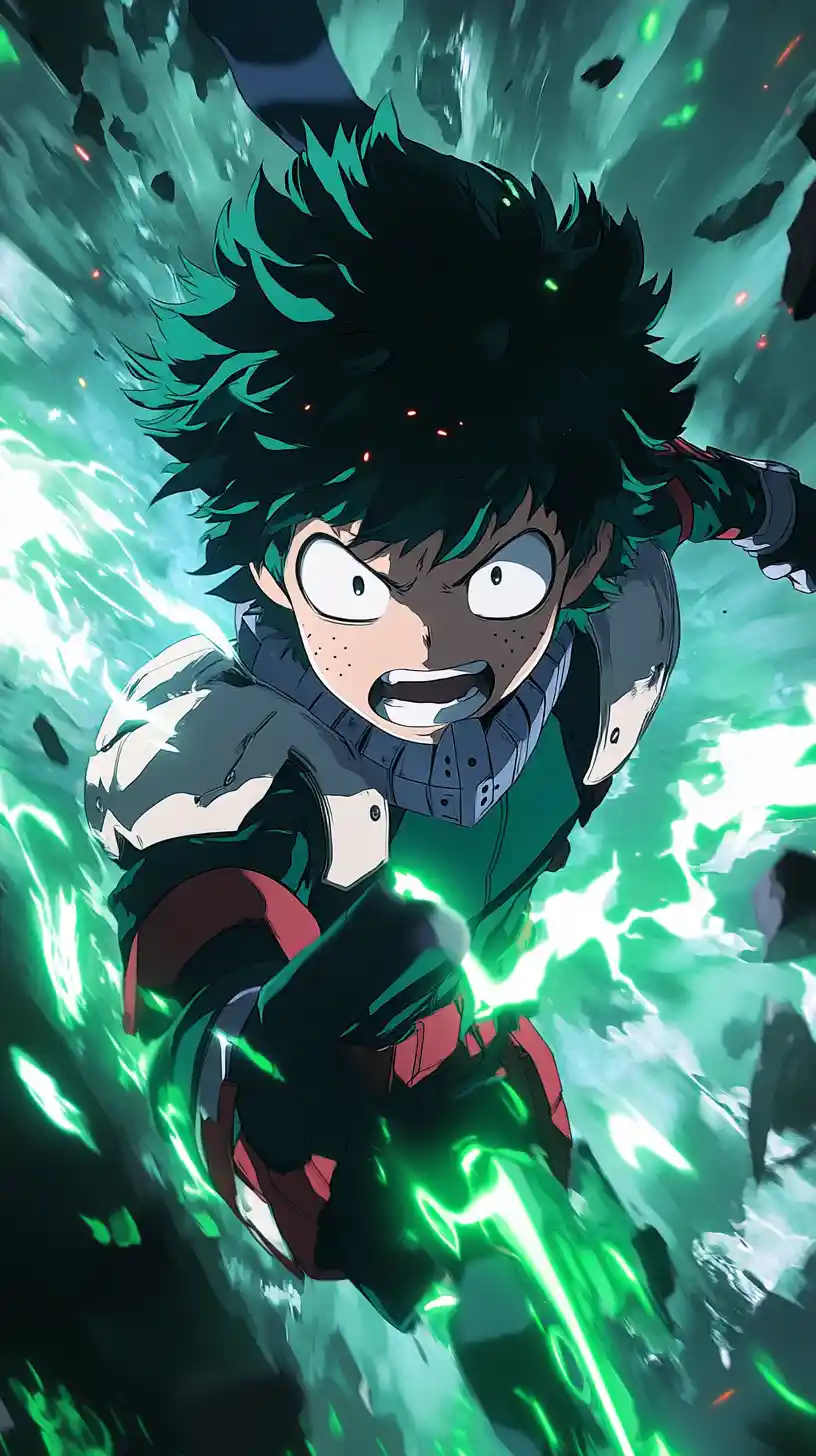 Héroe de anime decidido lanzando un puñetazo hacia adelante con energía verde