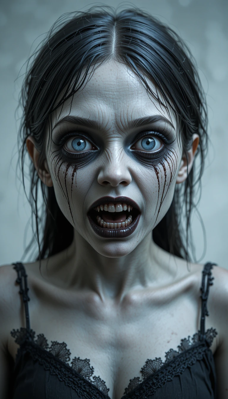 Unsettling sculpture of a pale girl with eerie zombie features