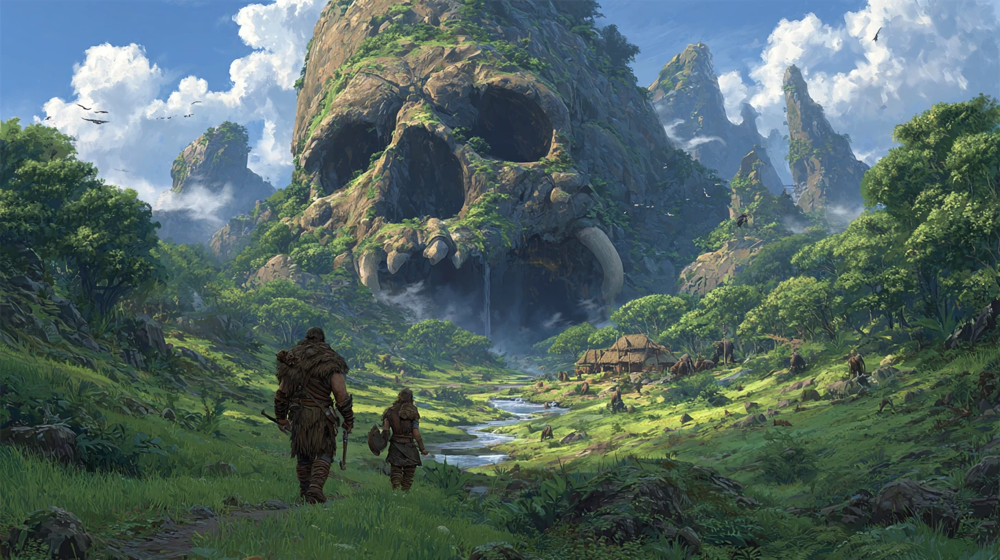 Barbarian and lion entering a lush jungle valley