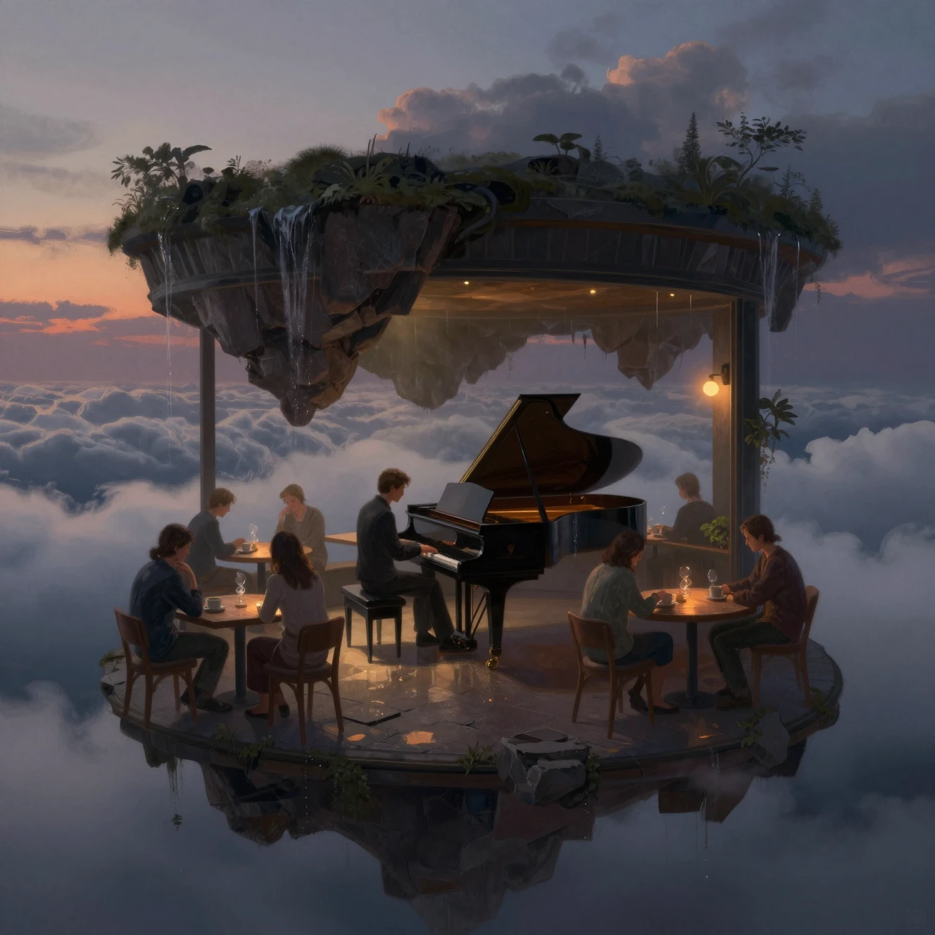 Schwebendes Inselcafé mit Pianist am Flügel