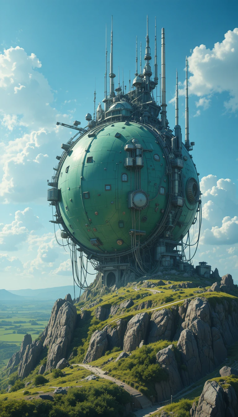 Futuristic Green Structure On Rocky Hill Under Blue Sky