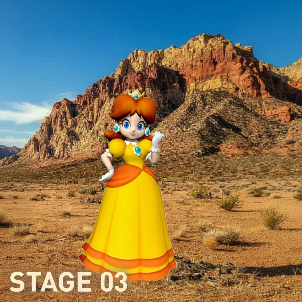 Fantasieprinzessin steht allein in einer weiten Ödnis