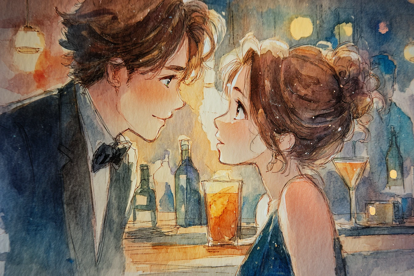 Anime couple sharing a first gaze across a soft lit bar