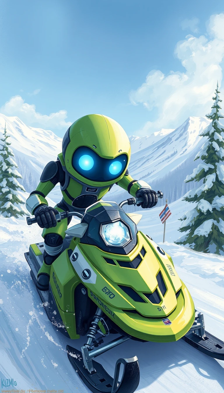 Green robot frog with blue eyes on snowy mountain