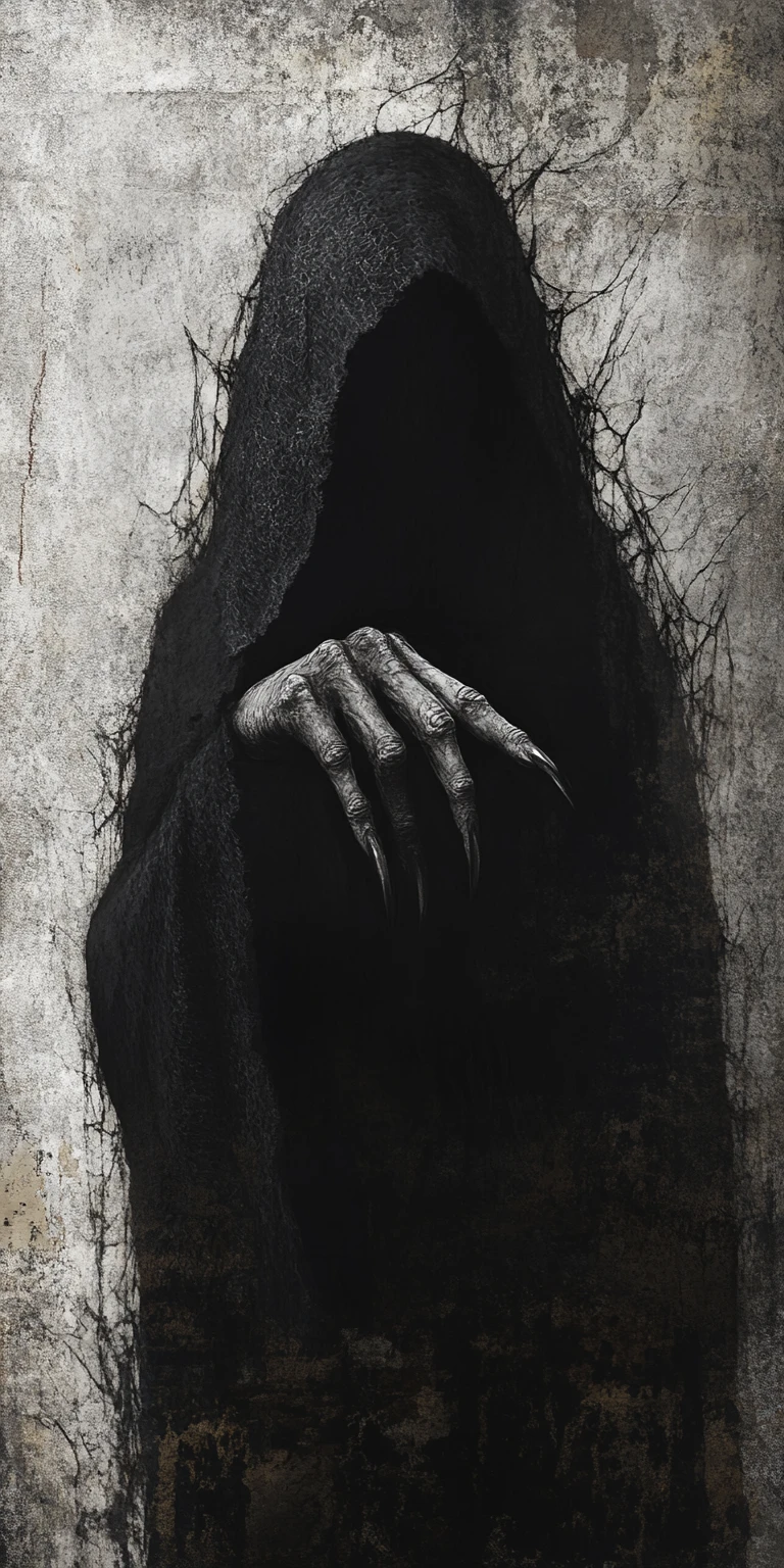 Dunkle Hexe, die mit steinernem Finger aus den Schatten tritt