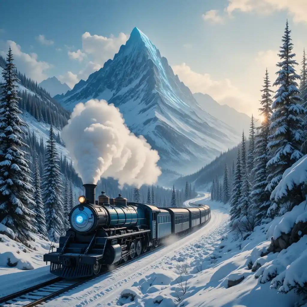 Tren de vapor vintage cruzando un valle montañoso nevado