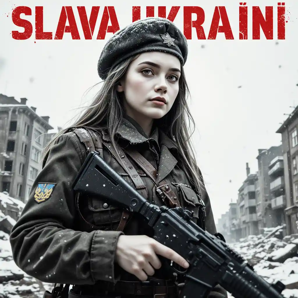 Soldado ucraniana con rifle en póster de estilo soviético