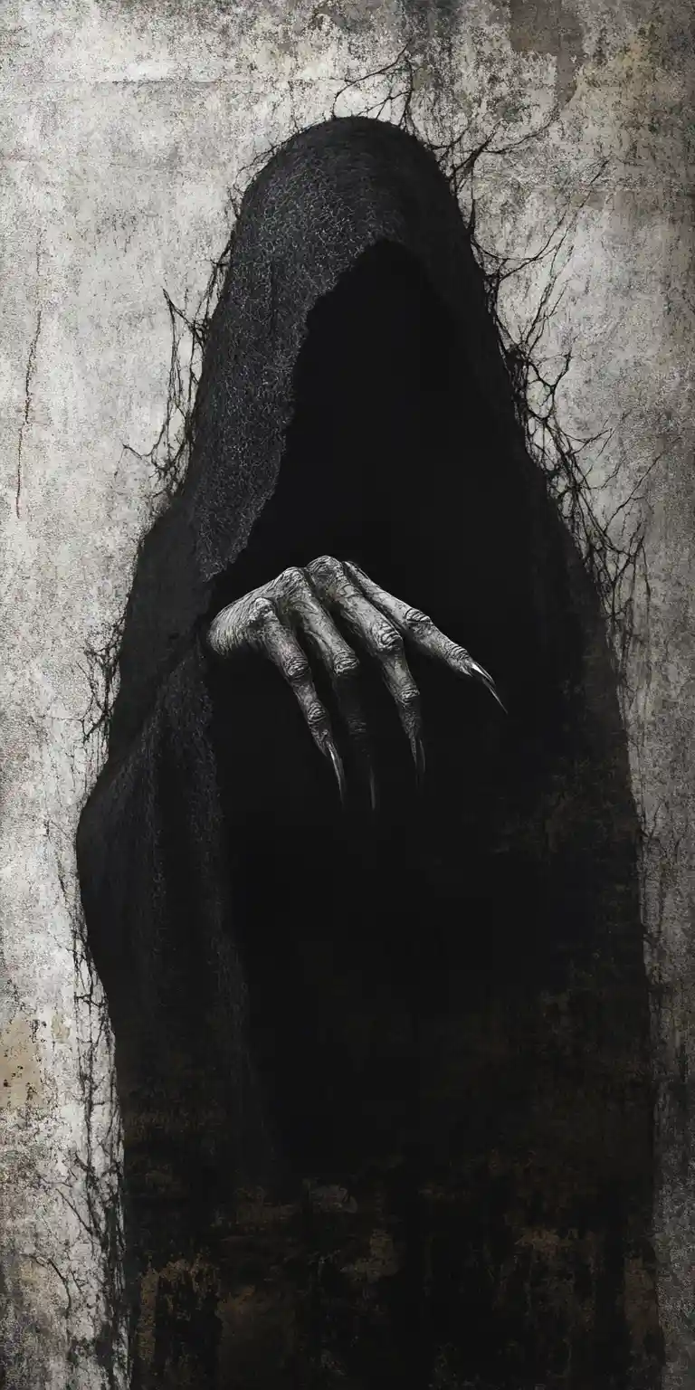 Dunkle Hexe, die mit steinernem Finger aus den Schatten tritt