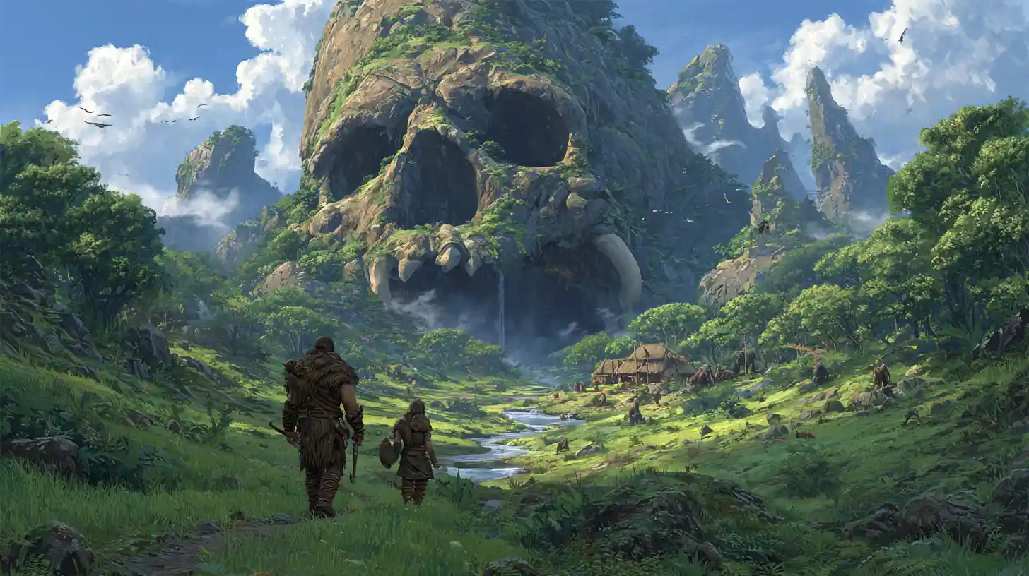 Barbarian and lion entering a lush jungle valley