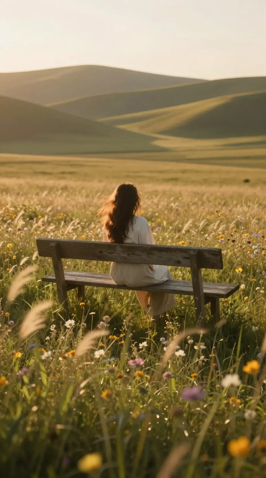Woman resting on a wooden bench in a golden meadow