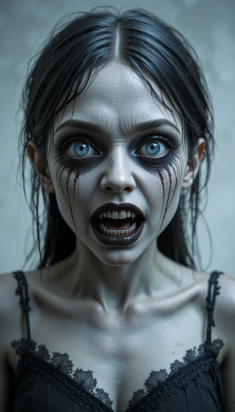 Unsettling sculpture of a pale girl with eerie zombie features