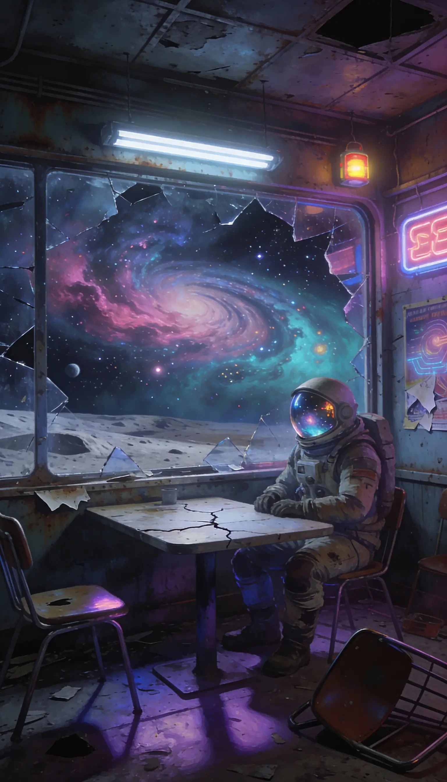 Astronaut sitting in a derelict diner looking at a galaxy through a broken window, generated by Seedream 4.5.