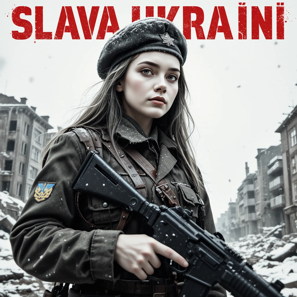 Ukrainian woman soldier with rifle in Soviet style poster