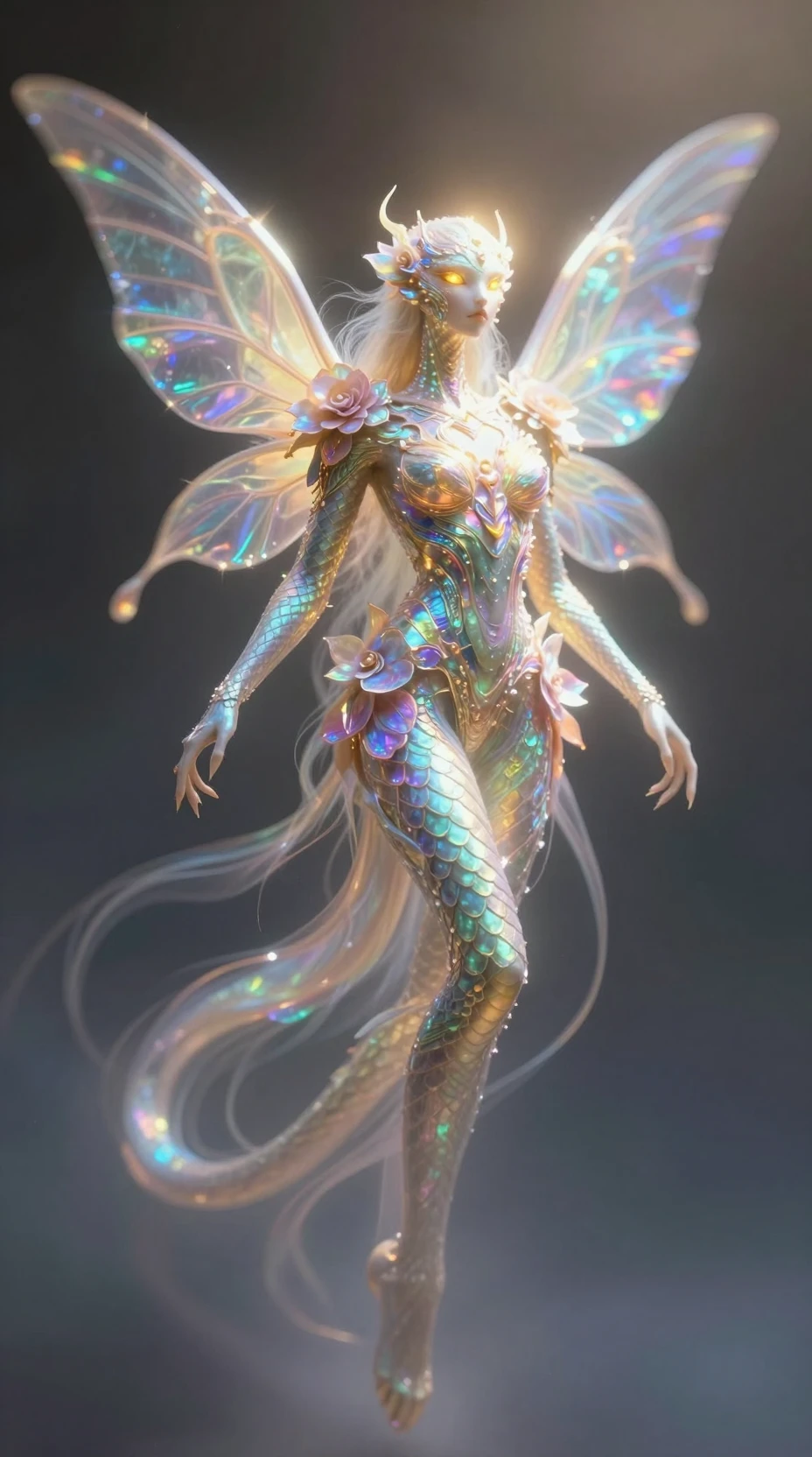 Ethereal rainbow serpent being with iridescent wings