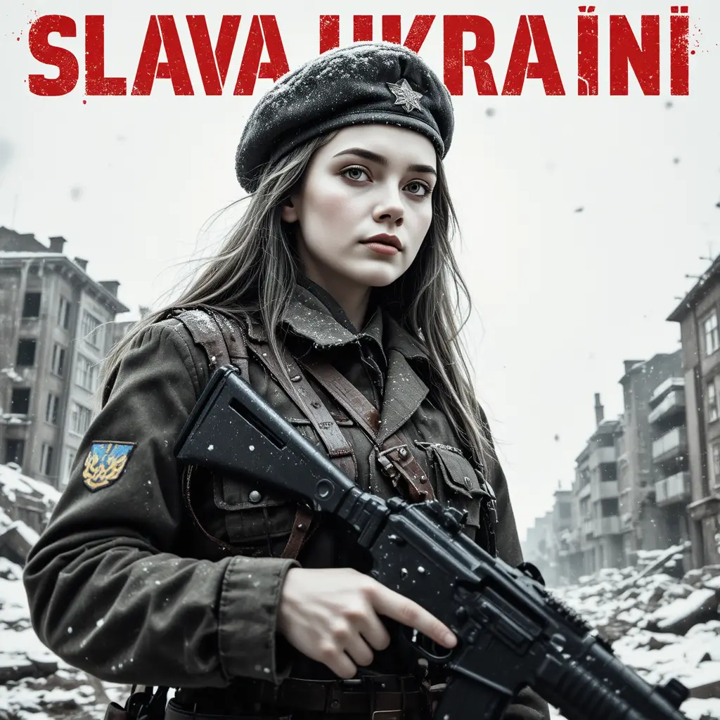 Soldado ucraniana con rifle en póster de estilo soviético