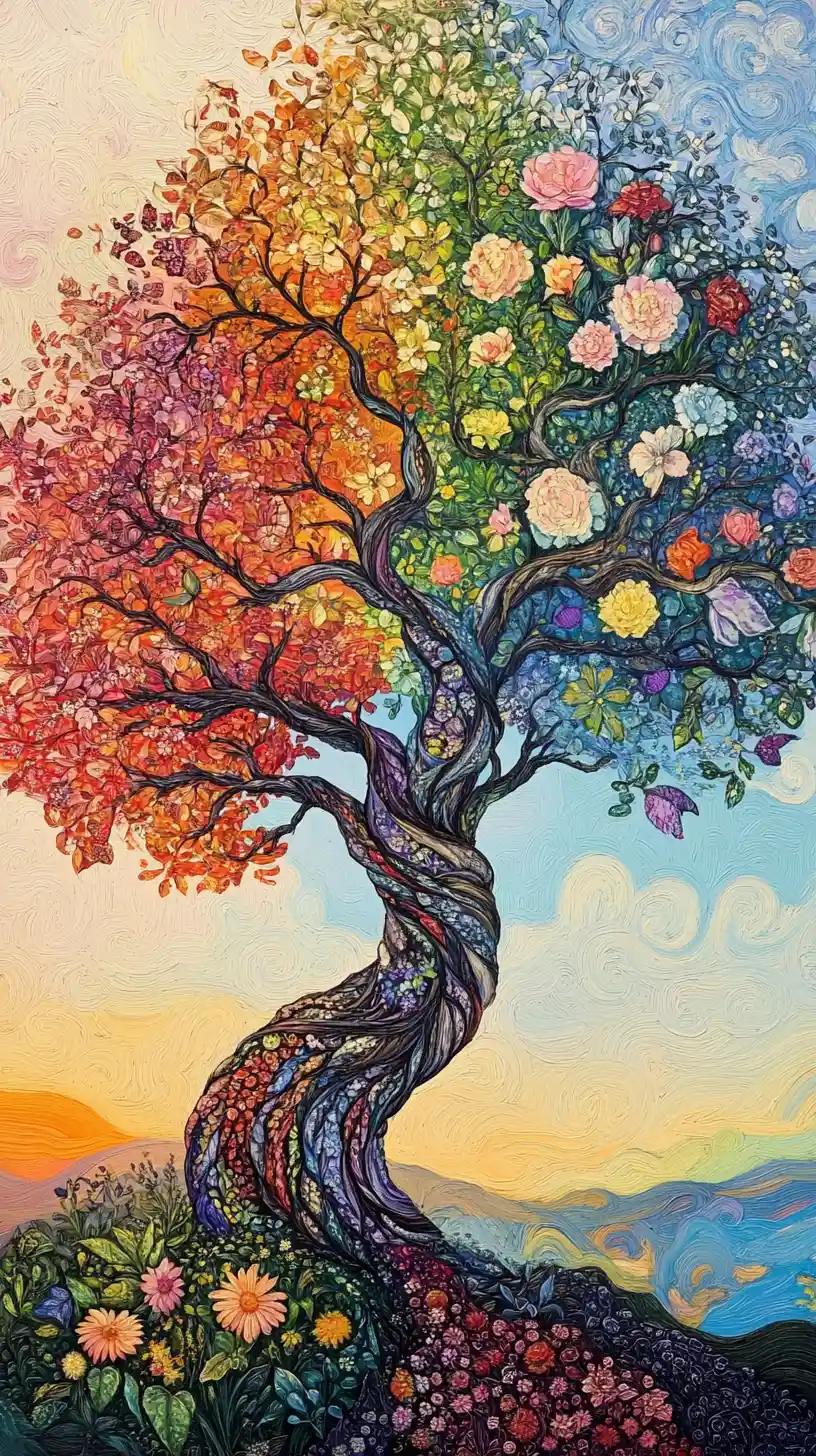 Albero della vita impressionista che fonde le quattro stagioni