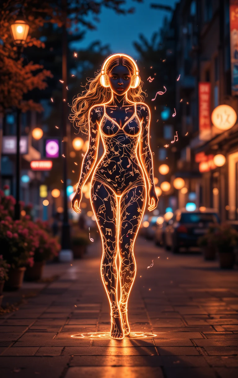 Neon woman walking with headphones through glowing night city