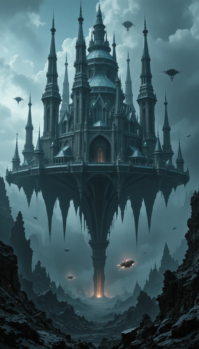 Città gotica futuristica fluttuante sopra un paesaggio roccioso e oscuro