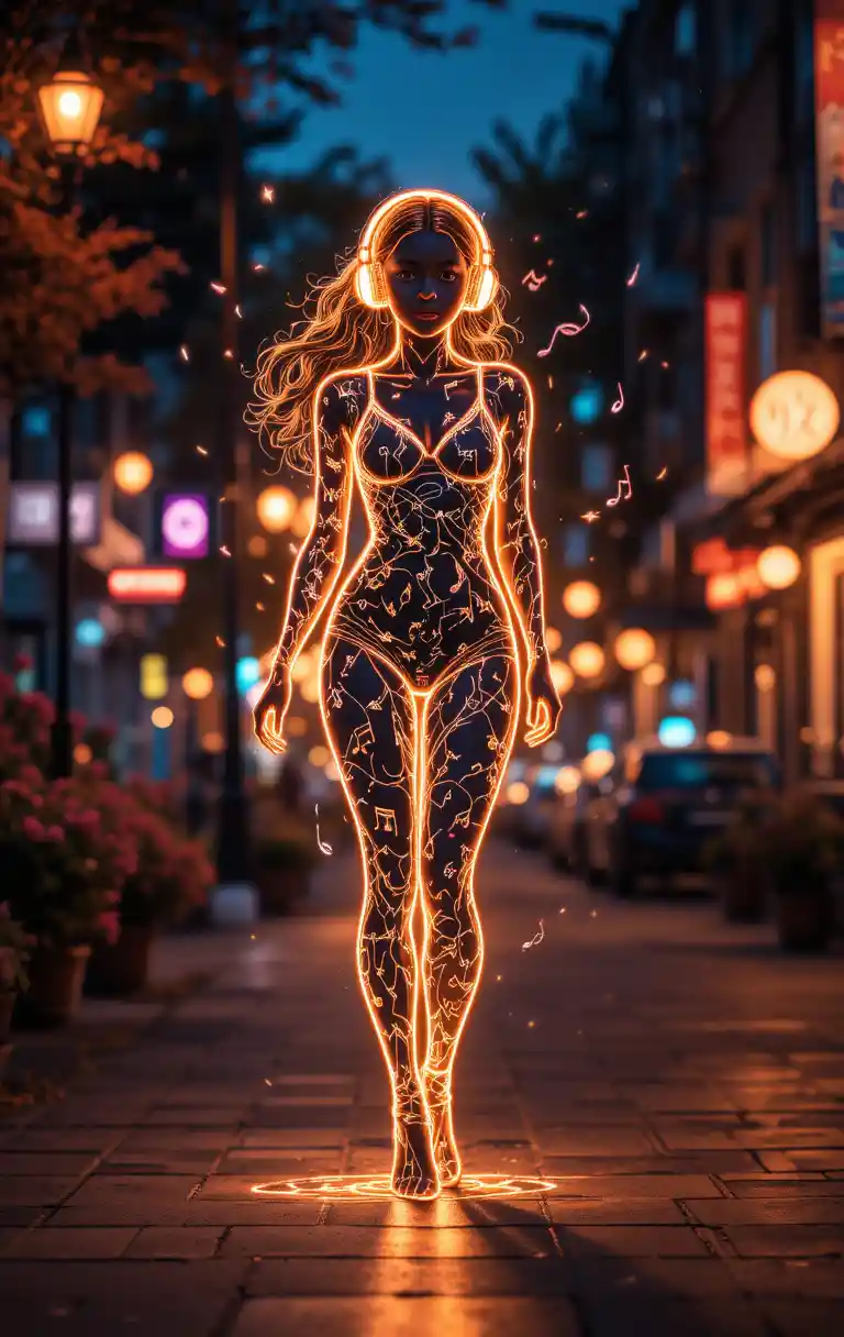 Neon woman walking with headphones through glowing night city