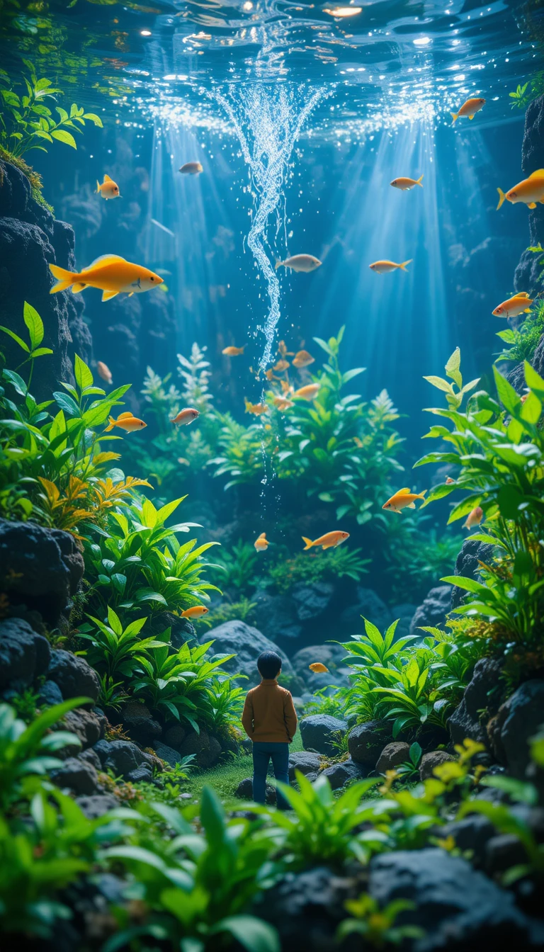 Coloridos peces neón nadando en un acuario plantado y frondoso