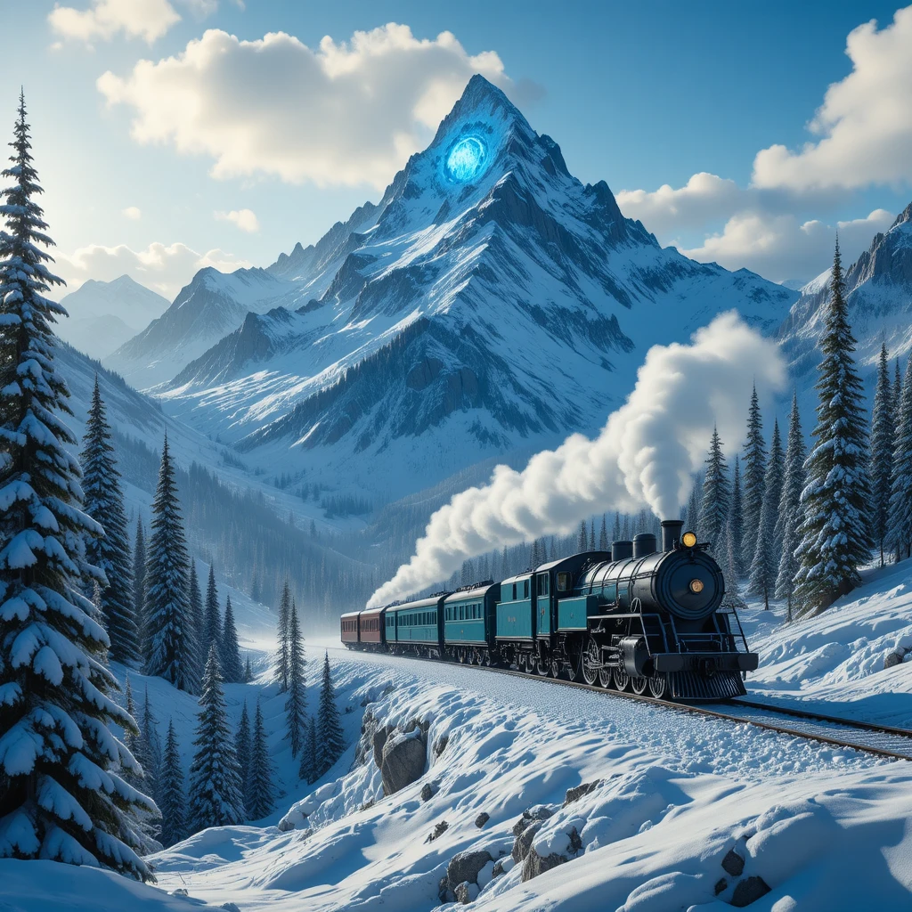 Trem a vapor vintage cruzando um vale montanhoso nevado