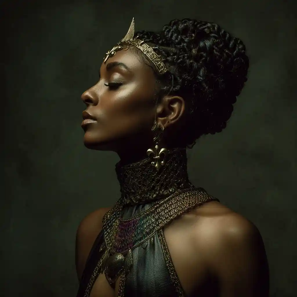 Regal black woman in crown with calm couture presence