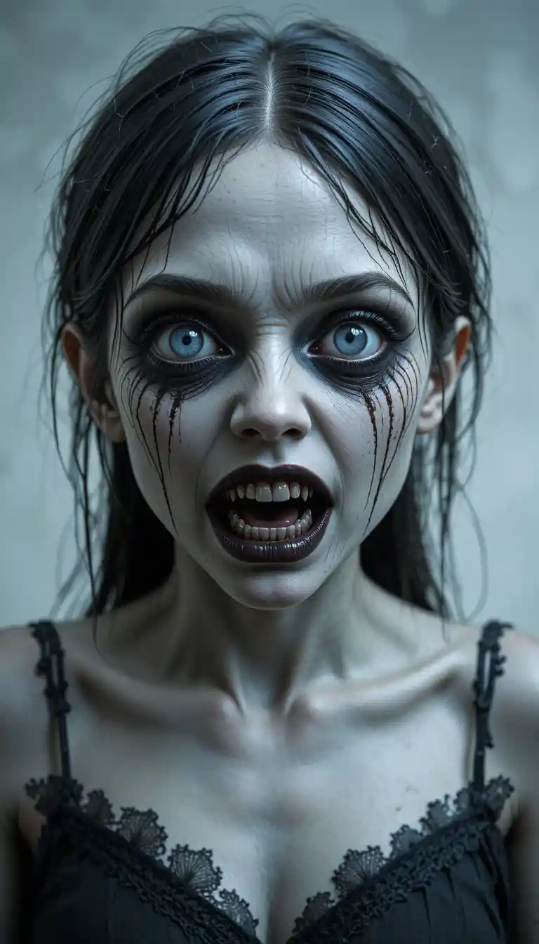 Unsettling sculpture of a pale girl with eerie zombie features