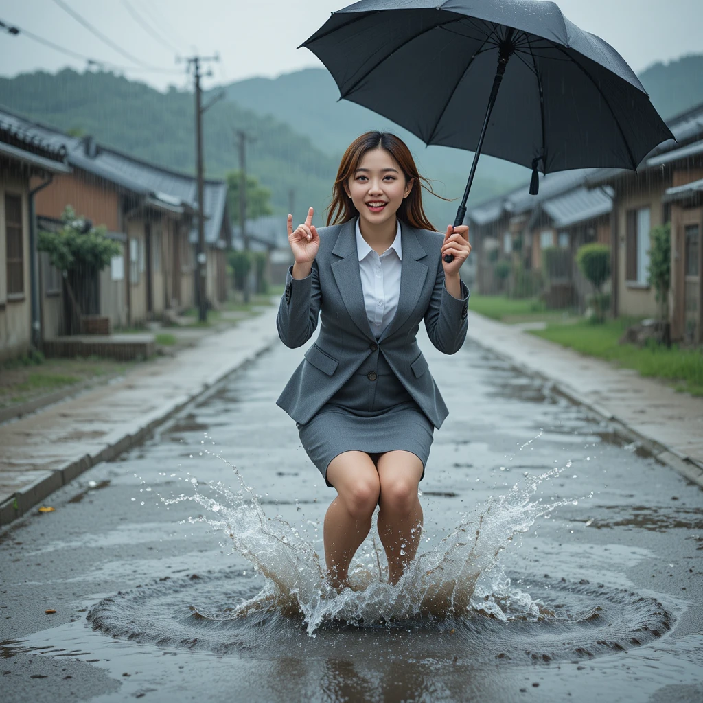 Jeune femme éclaboussant dans une flaque sur une route de village sous la pluie