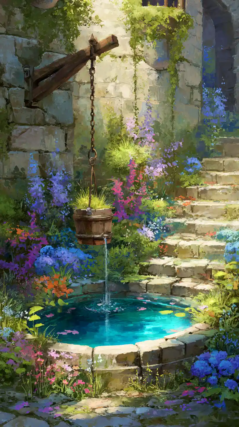 Fonte rústica de pedra com flores coloridas florescendo no jardim