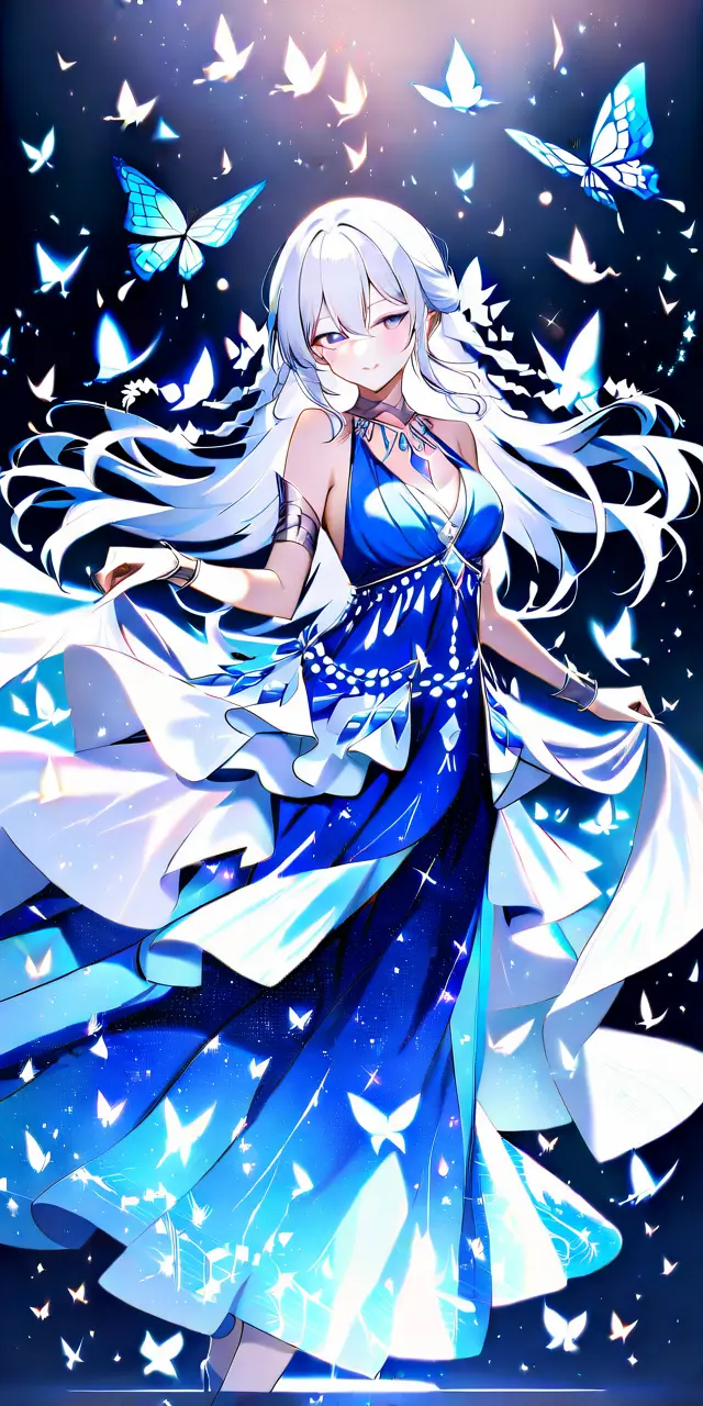 Graceful dancer in blue dress twirling among glowing butterflies