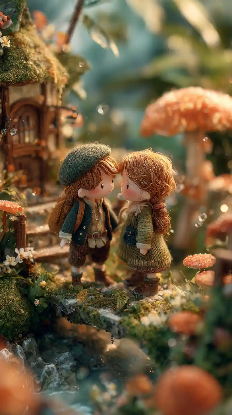 Romantic couple in a tiny fantasy village meadow