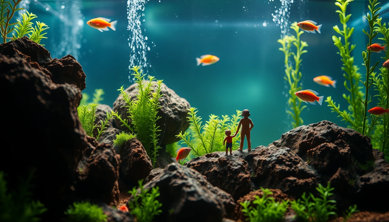 Escena colorida de acuario con peces neón y plantas frondosas