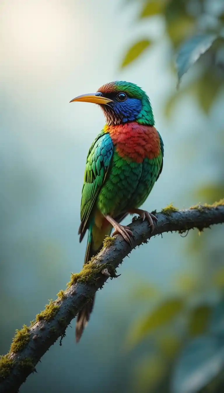 Pássaro canoro colorido em um galho coberto de musgo ao amanhecer