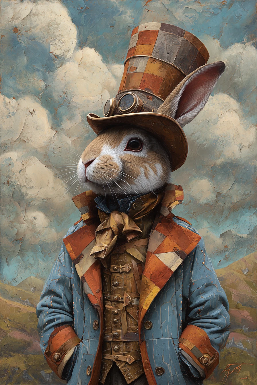 Happy steampunk rabbit portrait in a scenic fantasy landscape