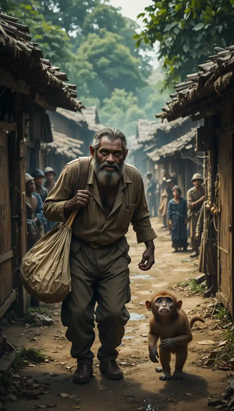 Suspicious man entering village staring greedily at two monkeys