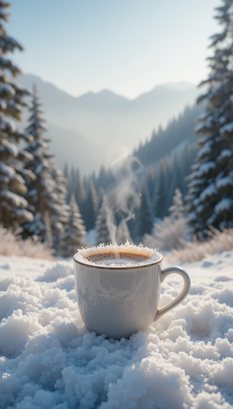 Taza de café humeante sobre la nieve en una mañana helada