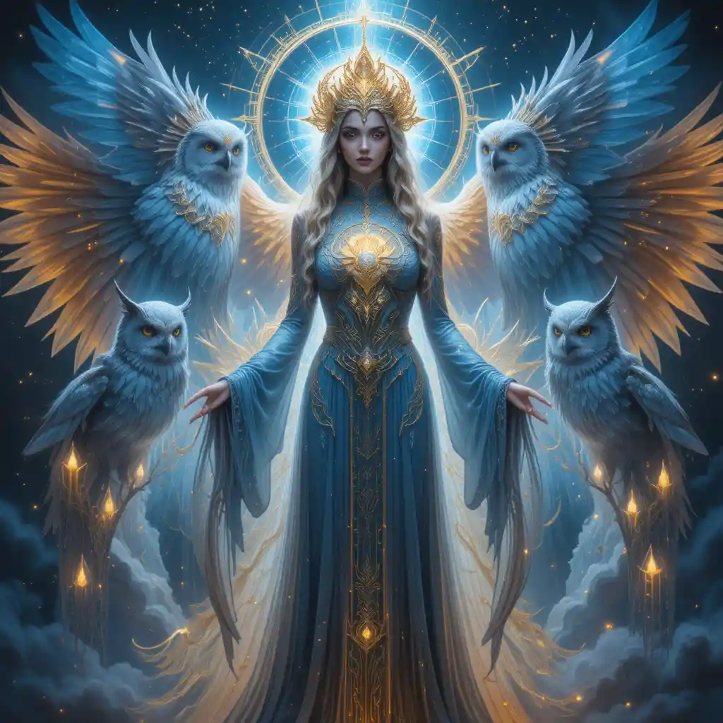 Goddess figure with crystal owls as guardians of wisdom