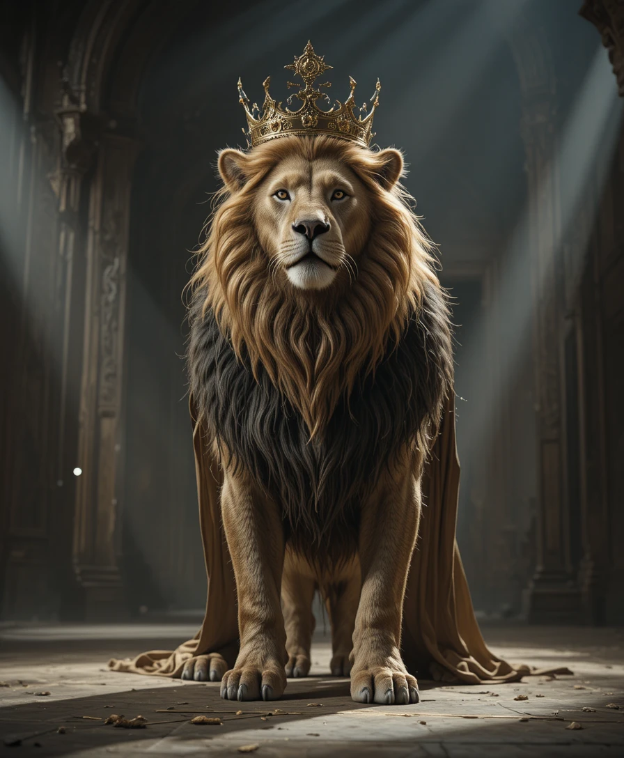 León majestuoso en un salón barroco en penumbra
