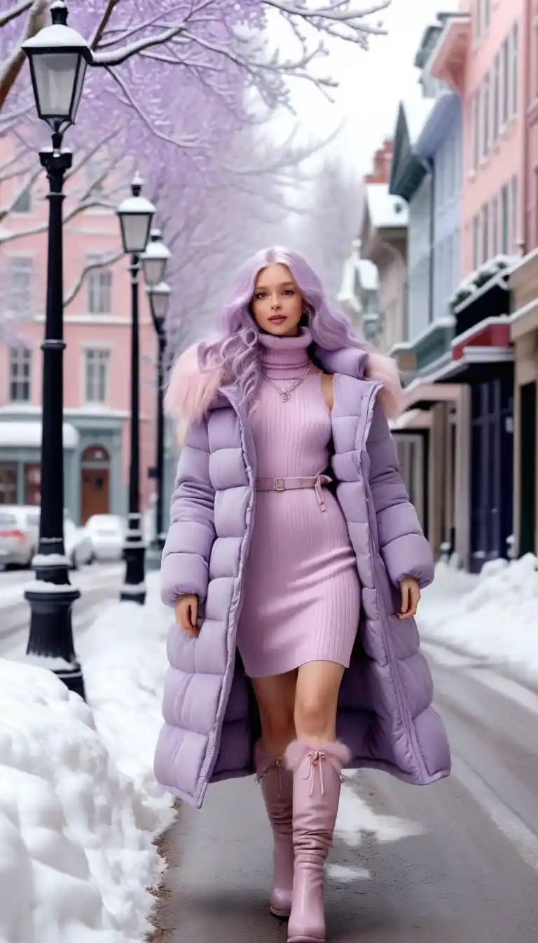 Stylish woman in lilac coat on snowy city street